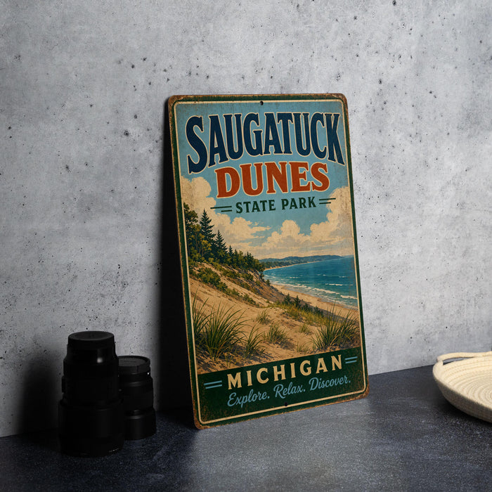 A vintage metal sign for Saugatuck Dunes State Park in Michigan, featuring a scenic beach landscape with pine trees and a body of water.