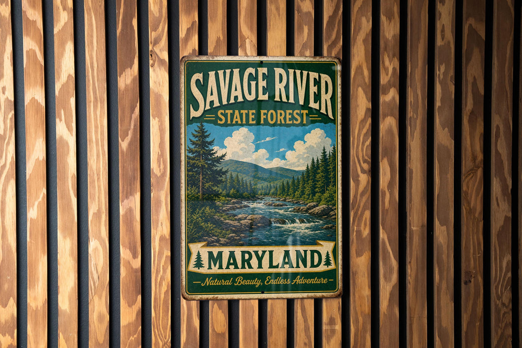 A vintage metal sign for Savage River State Forest in Maryland, featuring a scenic landscape with a river and pine trees.