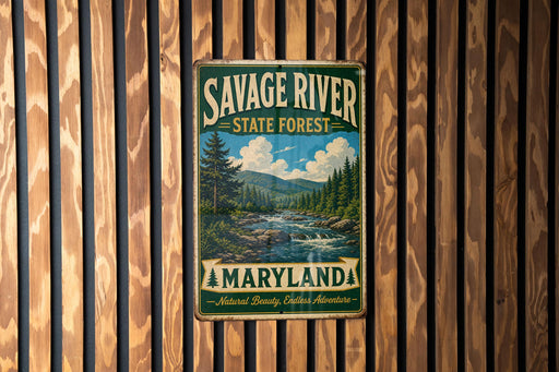 A vintage metal sign for Savage River State Forest in Maryland, featuring a scenic landscape with a river and pine trees.