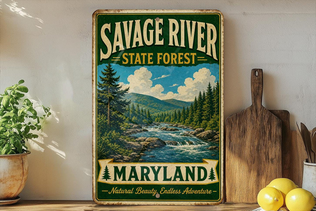 A vintage-style sign for Savage River State Forest in Maryland, featuring a scenic illustration of a river surrounded by pine trees and mountains.