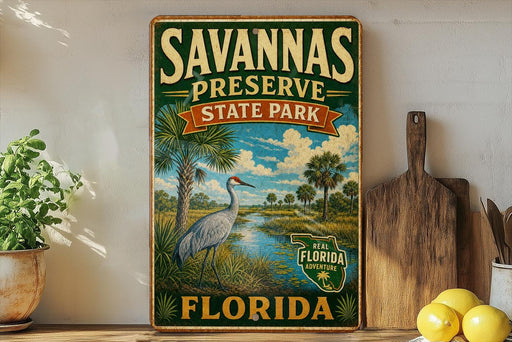 A vintage-style sign for Savannas Preserve State Park in Florida, featuring a bird and palm trees in a tropical landscape.