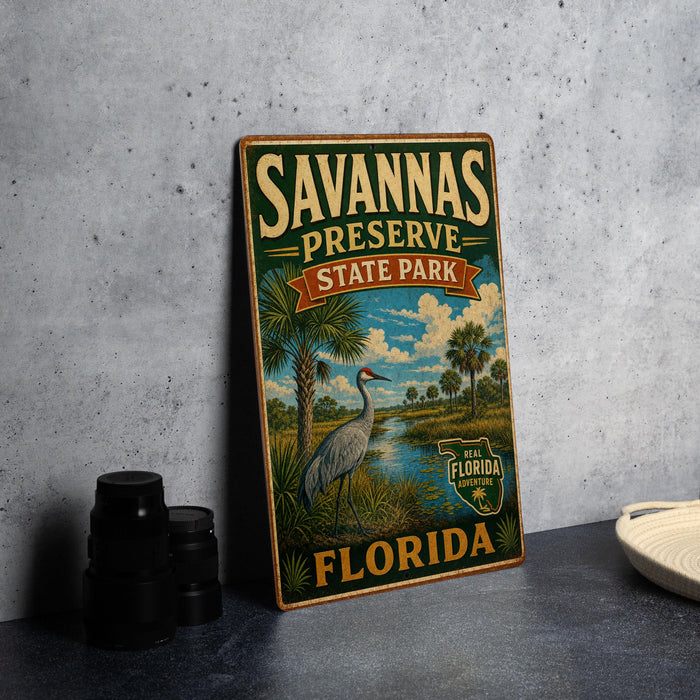 A vintage-style sign for Savannas Preserve State Park in Florida, featuring a bird and palm trees, is displayed on a gray concrete surface.
