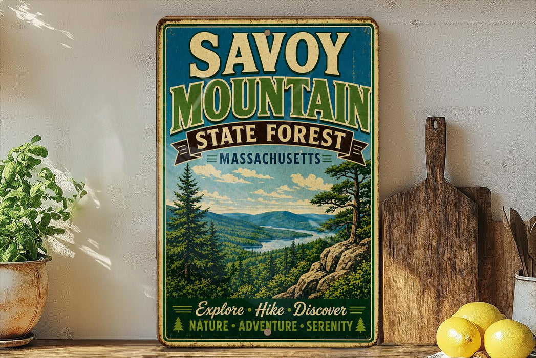 a vintage-style sign for Savoy Mountain State Forest in Massachusetts, with a scenic mountain landscape and a river in the background. The sign is displayed on a shelf next to a wooden cutting board and some potted plants.