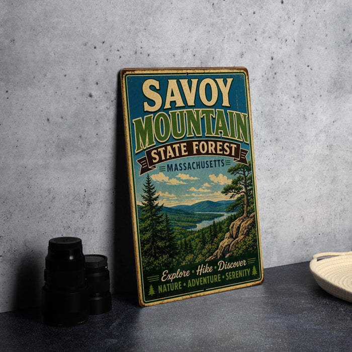 A vintage-style sign for Savoy Mountain State Forest in Massachusetts, featuring a scenic illustration of the forest and mountains.