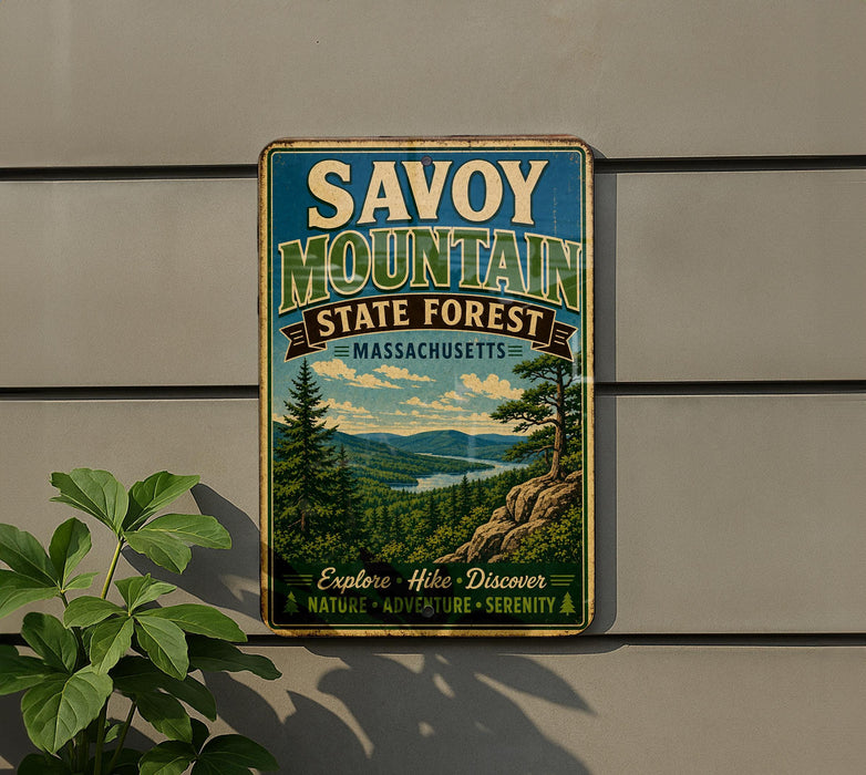 A vintage metal sign for Savoy Mountain State Forest in Massachusetts, featuring a scenic mountain landscape with pine trees and a lake.