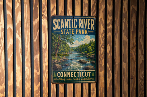 A metal sign for Scantic River State Park in Connecticut, featuring a scenic illustration of a river surrounded by trees and mountains.