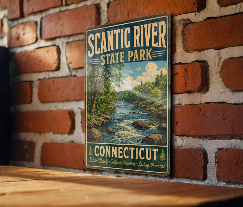 A vintage-style metal sign for Scantic River State Park in Connecticut, featuring a scenic illustration of a river surrounded by trees and mountains.