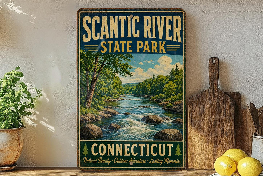 A vintage-style sign for Scantic River State Park in Connecticut, featuring a scenic image of a river surrounded by trees and mountains.