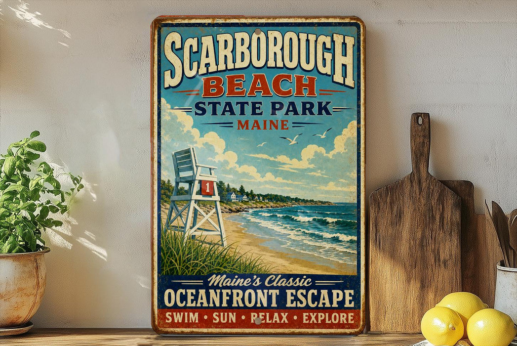 A vintage-style sign for Scarboro Beach, Maine, featuring a lifeguard chair and a beach scene with waves.