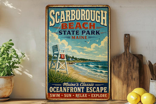 A vintage-style sign for Scarboro Beach, Maine, featuring a lifeguard chair and a beach scene with waves.