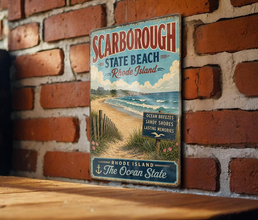 A vintage metal sign for the state beach of Rhode Island, featuring a beach scene with a wooden walkway leading to the ocean.