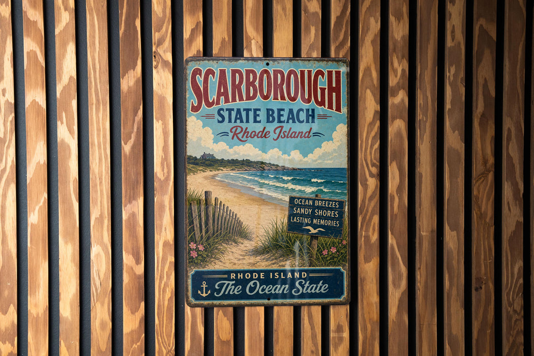 A vintage metal sign for Scarborough State Beach in Rhode Island, featuring a beach scene with a wooden fence and ocean waves.