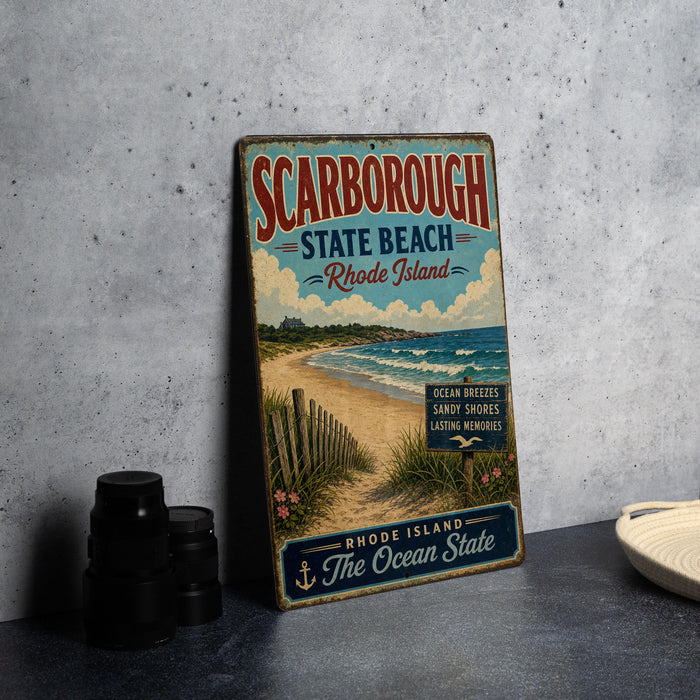 A vintage metal sign for Scarborough State Beach in Rhode Island, featuring a beach scene with a wooden fence and ocean waves.