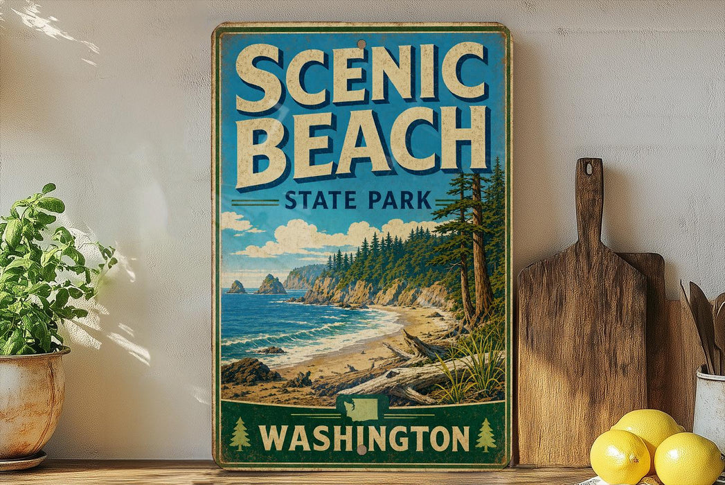 A vintage-style sign for Scenic Beach State Park in Washington, featuring a scenic landscape with a beach, mountains, and pine trees.