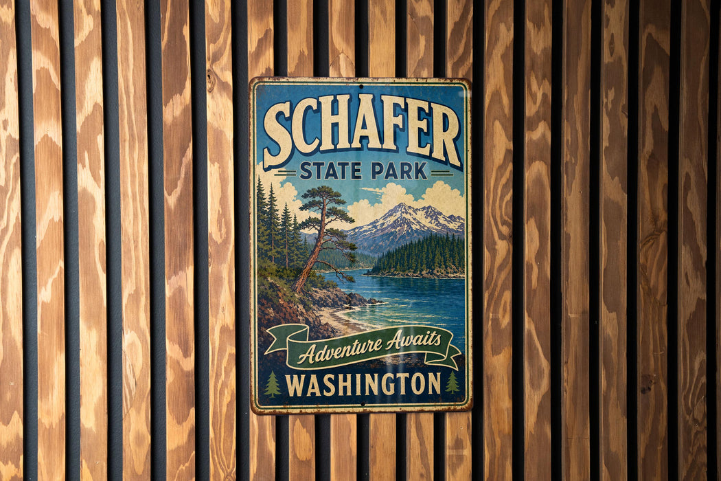 A vintage metal sign for Schafer State Park in Washington, featuring a scenic mountain landscape with pine trees and a lake.