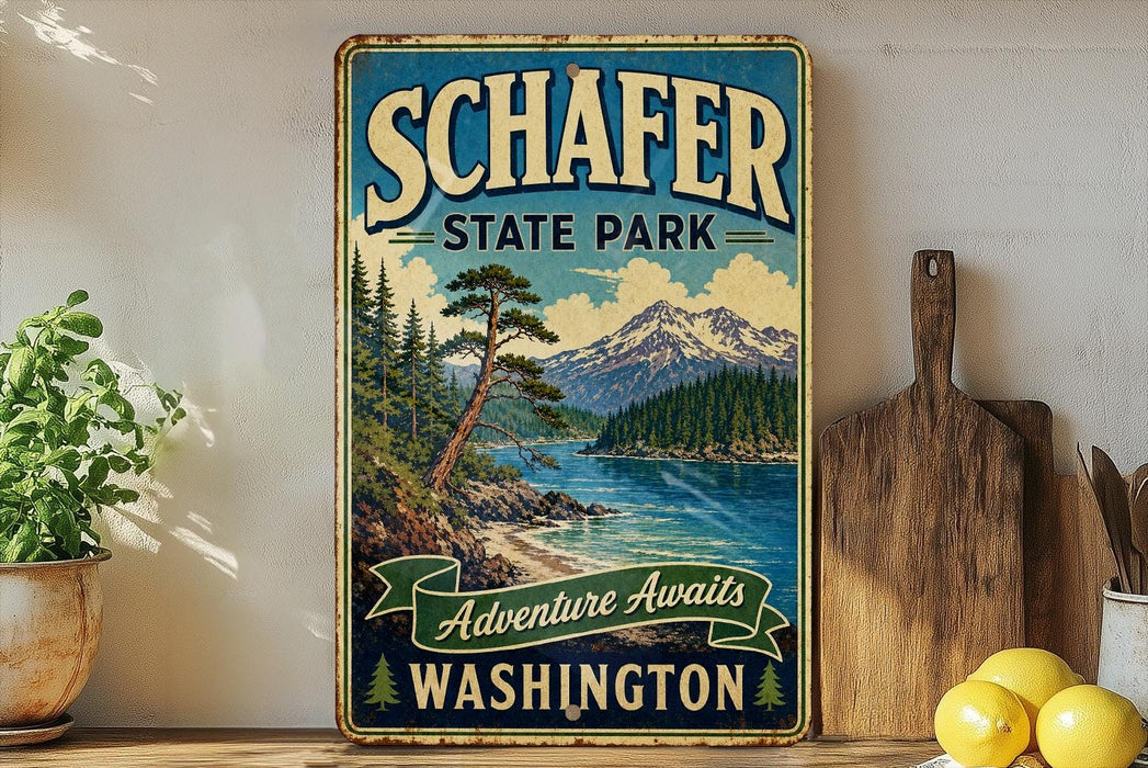 A vintage-style sign for Schafer State Park in Washington, featuring a scenic mountain landscape with pine trees and a lake.