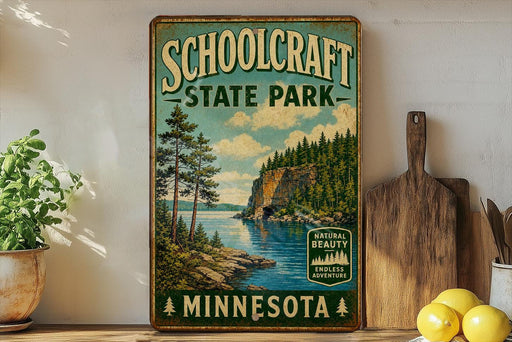 A vintage-style sign for Schoolcraft State Park in Minnesota, featuring a scenic landscape with pine trees, a lake, and mountains.