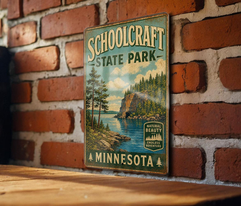 A vintage-style metal sign for Schoolcraft State Park in Minnesota, featuring a scenic landscape with pine trees, a lake, and mountains.