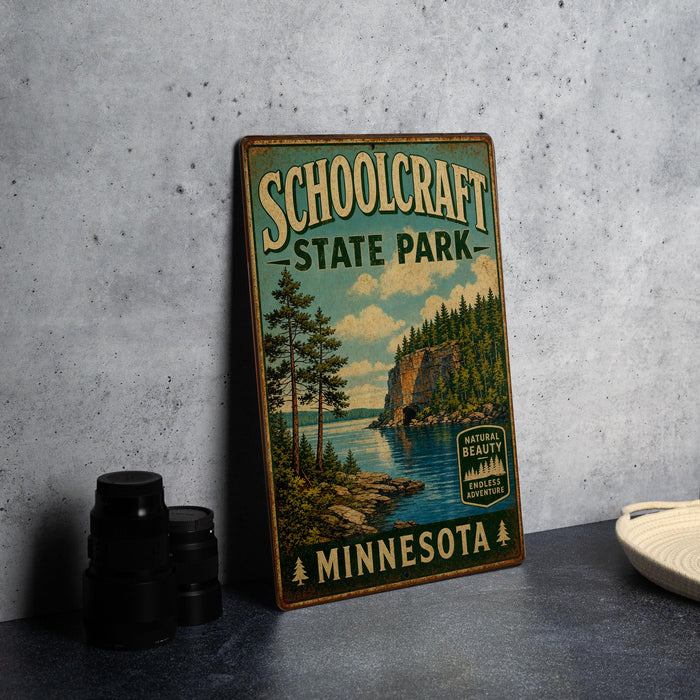 A vintage-style sign for "Schoolcraft State Park" in Minnesota, featuring a scenic landscape with pine trees, a lake, and mountains.