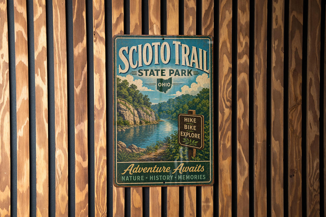 A vintage-style metal sign for the Scio Trail State Park in Ohio, featuring a scenic illustration of a river and forest.