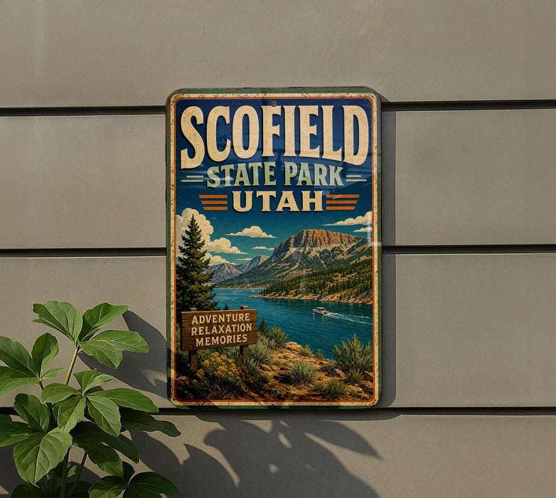 A vintage-style metal sign for Scofield State Park in Utah, featuring a scenic mountain landscape with a lake and a boat.