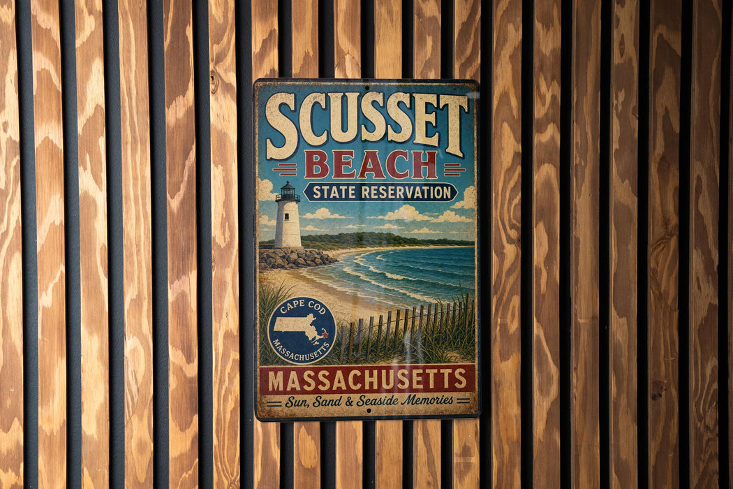 A vintage metal sign for Scusset Beach, Massachusetts, featuring a lighthouse and beach scene.
