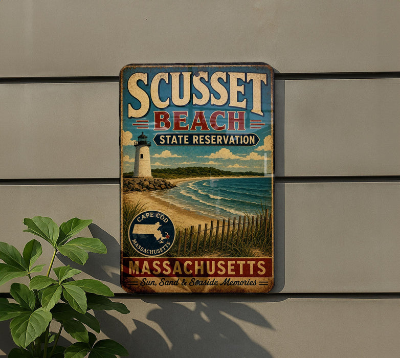 A vintage metal sign for Scusset Beach, Massachusetts, featuring a lighthouse and beach scene.