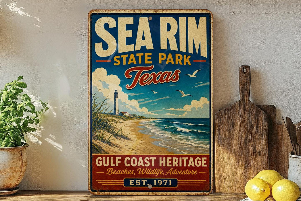 A vintage-style metal sign for Sea Rim State Park in Texas, featuring a lighthouse and beach scene, is displayed on a shelf next to a wooden cutting board and some lemons.