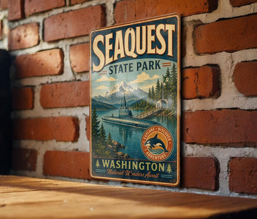 A vintage-style metal sign for Sequest State Park, featuring a scenic mountain landscape and a seascape with a boat.