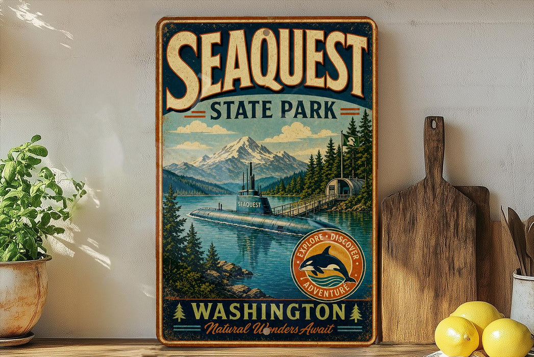 a vintage-style metal sign for Seaquest State Park, with a scenic mountain landscape and a submarine in the background.