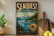 a vintage-style metal sign for Seaquest State Park, with a scenic mountain landscape and a submarine in the background.