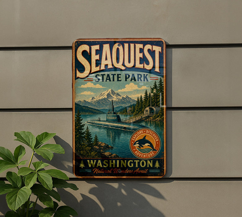 A vintage metal sign for Sequest State Park, featuring a scenic landscape with mountains, a river, and a submarine, mounted on a wall.