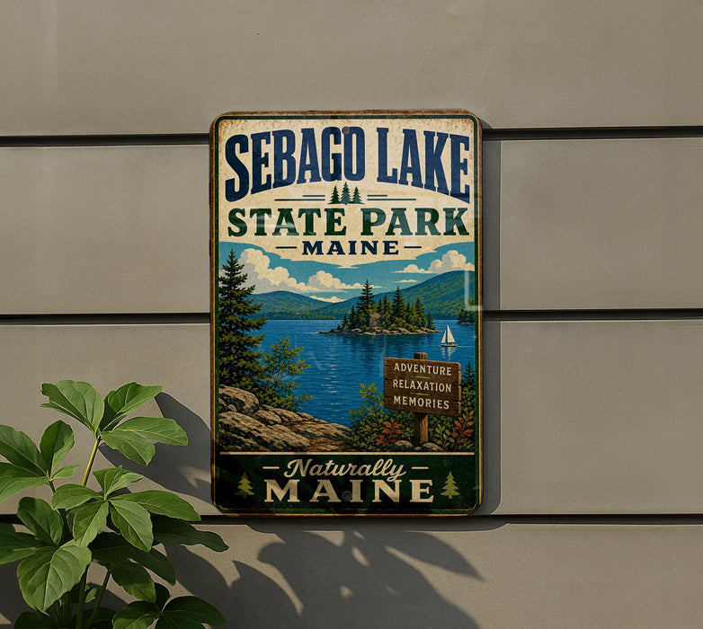 A vintage-style metal sign for Sebago Lake State Park in Maine, featuring a scenic landscape with a lake, mountains, and pine trees.