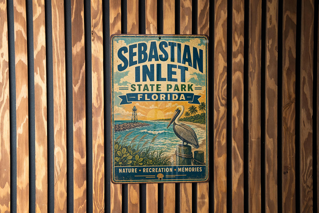A vintage-style metal sign for Sebastian Inlet State Park in Florida, featuring a pelican and a scenic landscape.