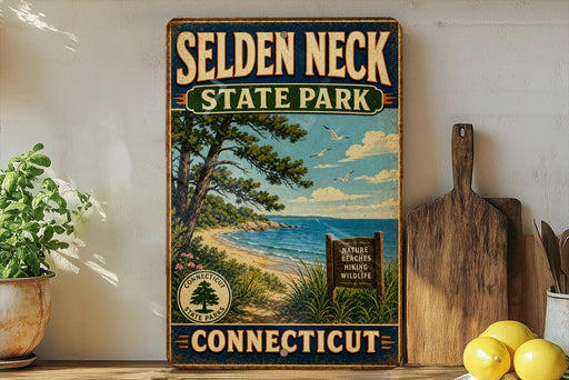 A vintage-style sign for Selden Neck State Park in Connecticut, featuring a scenic beach landscape with pine trees and a blue sky with clouds.