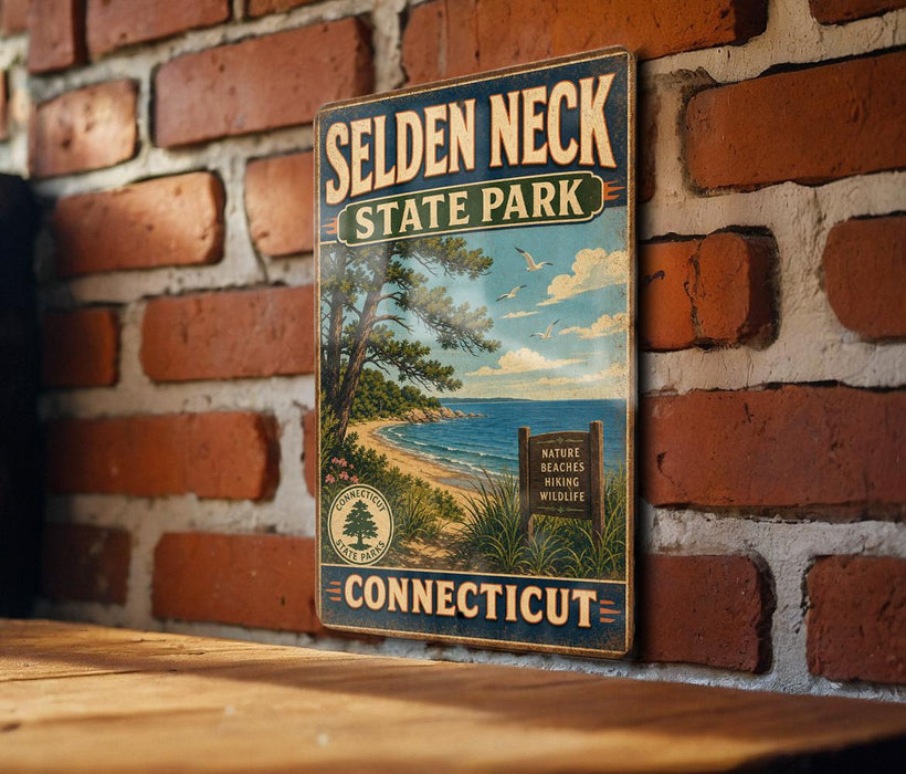 A vintage metal sign for Selden Neck State Park in Connecticut, featuring a scenic beach landscape with pine trees and a blue sky with clouds.