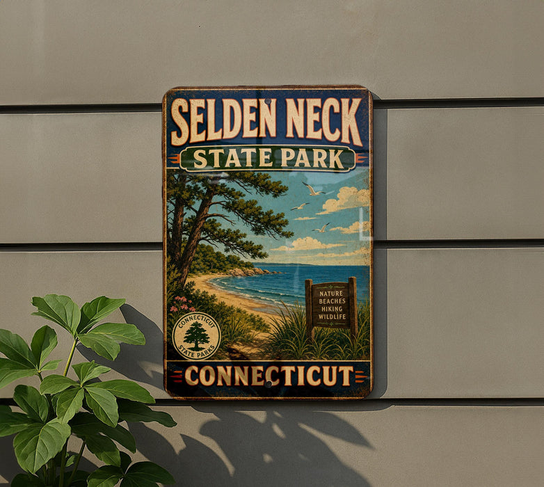 A vintage-style sign for Selden Neck State Park in Connecticut, featuring a scenic landscape with a beach, trees, and a lake.