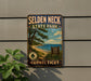 A vintage-style sign for Selden Neck State Park in Connecticut, featuring a scenic landscape with a beach, trees, and a lake.