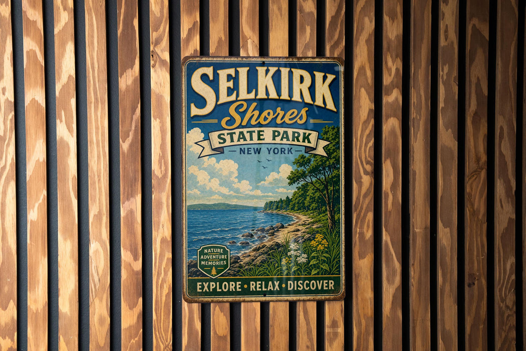 A vintage metal sign for Selkirk Shores State Park in New York, featuring a scenic illustration of the park's shoreline and surrounding landscape.