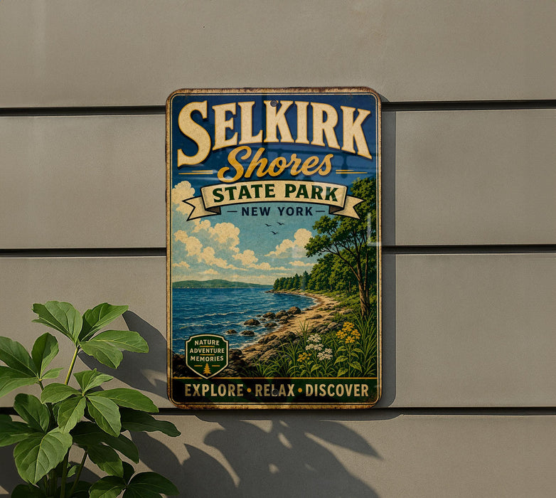 A vintage-style metal sign for Selkirk Shores State Park in New York, featuring a scenic landscape with a lake, mountains, and trees.