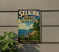 A vintage-style metal sign for Selkirk Shores State Park in New York, featuring a scenic landscape with a lake, mountains, and trees.