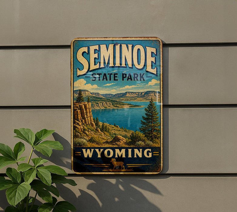 A vintage-style sign for Seminoe State Park in Wyoming, featuring a scenic landscape with mountains, a lake, and pine trees.