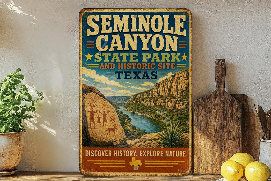a vintage-style sign for the Seminole Canyon State Park and Historic Site in Texas, with a scenic illustration of the canyon landscape.
