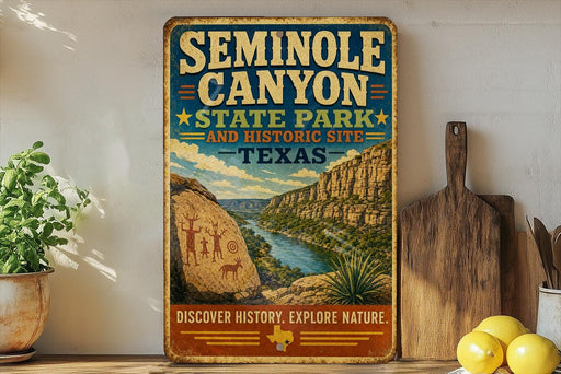 a vintage-style sign for the Seminole Canyon State Park and Historic Site in Texas, with a scenic illustration of the canyon landscape.