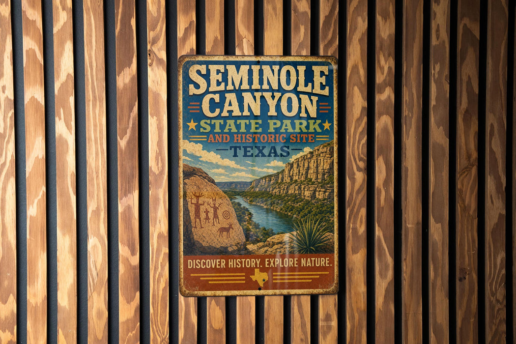A vintage metal sign for Seminole Canyon State Park and Historic Site in Texas, featuring a scenic illustration of the canyon landscape.