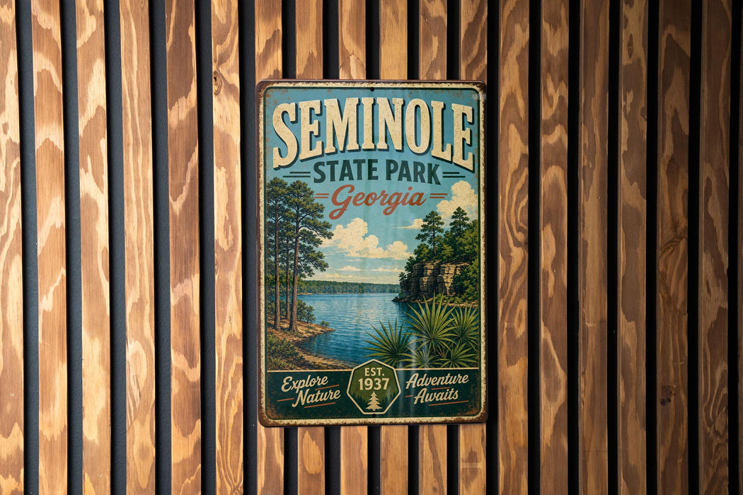 A vintage metal sign for Seminole State Park in Georgia, featuring a scenic landscape with a lake and trees.