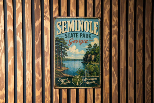 A vintage metal sign for Seminole State Park in Georgia, featuring a scenic landscape with a lake and trees.