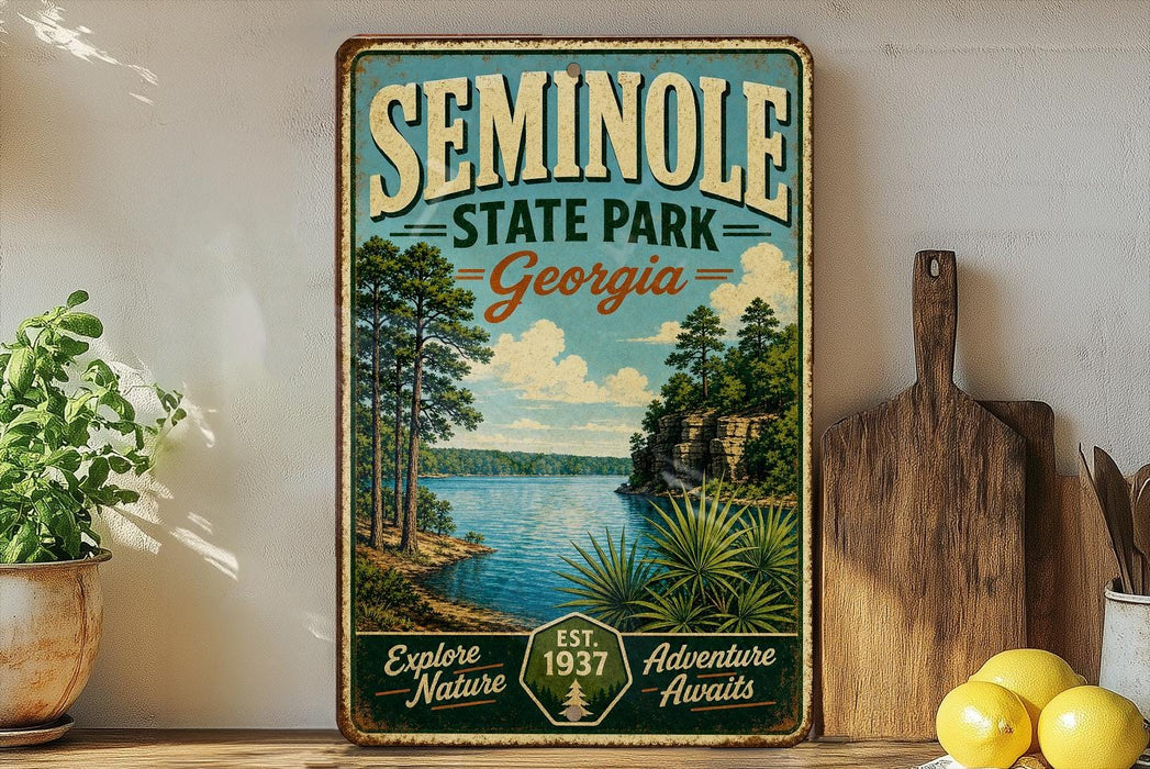 A vintage-style metal sign for Seminingo State Park in Georgia, featuring a scenic landscape with a lake, pine trees, and mountains.