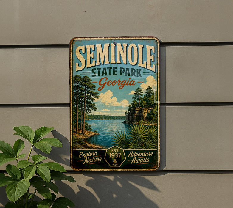 A vintage metal sign for Semolina State Park in Georgia, featuring a scenic landscape with pine trees, a lake, and mountains.