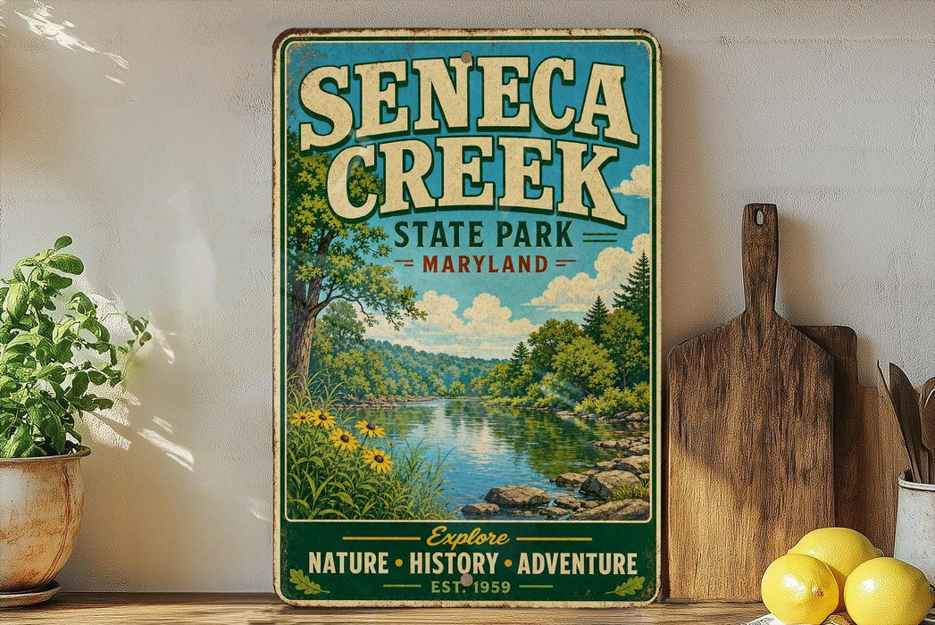 a vintage-style sign for Seneca Creek State Park in Maryland, with a scenic illustration of the park's natural surroundings. The sign is displayed on a wooden shelf, surrounded by various kitchen utensils and a potted plant.